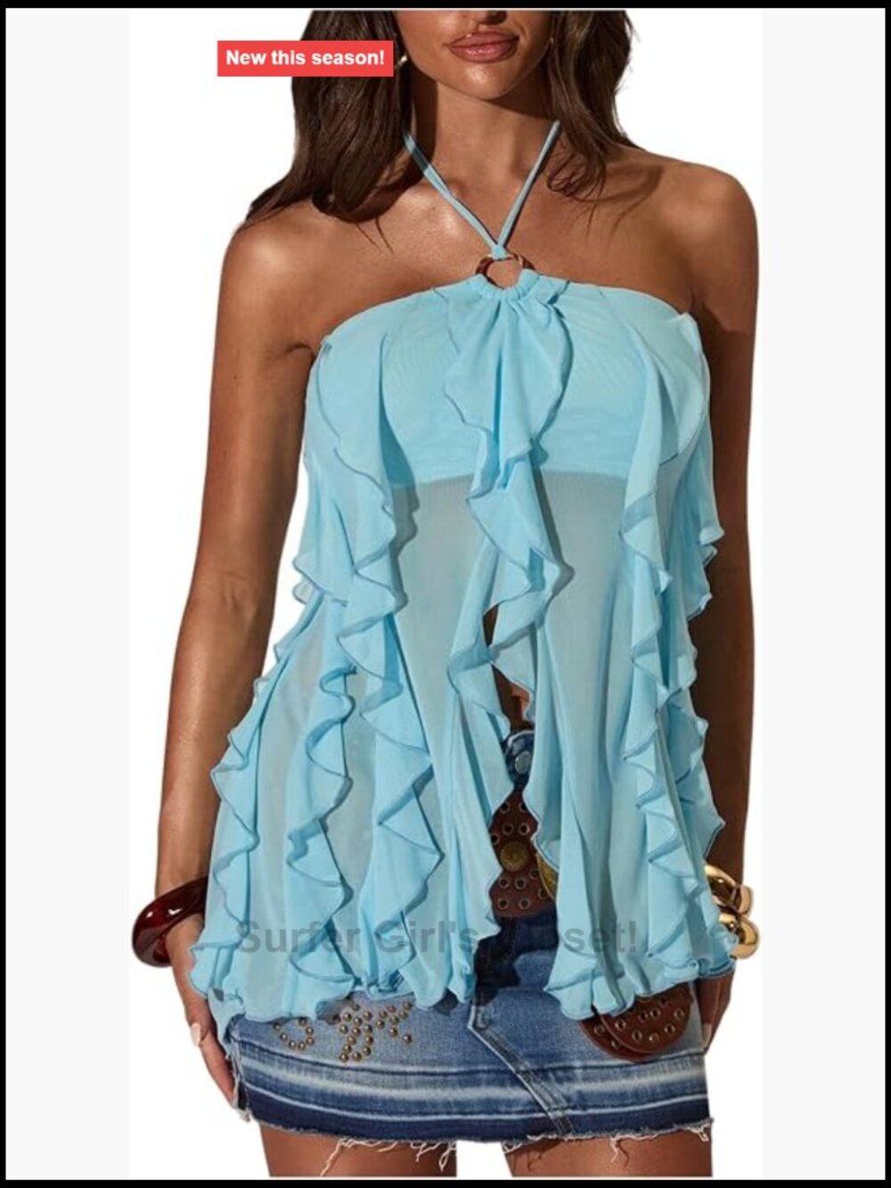 Ruffle Halter Crop Top Sleeveless Tie Back Sheer Women's Tank